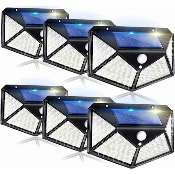 Sett med 6 solcellelamper for utendørs bruk med bevegelsessensorer, IP65 vanntett 100 LED, 1200mAh, 3 moduser, for hage, gjerde, terrasse, inngangsdør og garasje