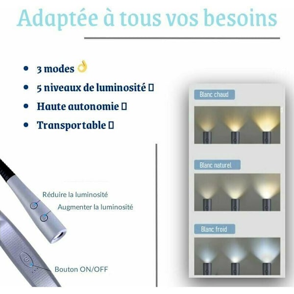 Glocusent Genopladelig Halslæselampe, Lampe til Læsning i Sengen, 3 Farver, 6 Lysstyrkeindstillinger, Foldbare Arme, Lang Levetid, Perfekt til Læsning, Kni