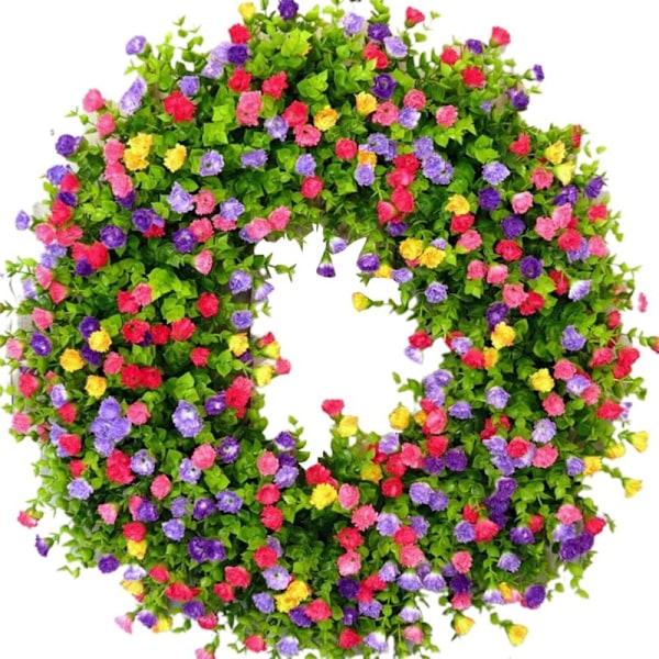 Vårflor Krans för Dörren 15.75 Tum, Påskkrans, Dörrväggsdekoration, Handgjord Blomsterkanin Krans (Flerfärgad)