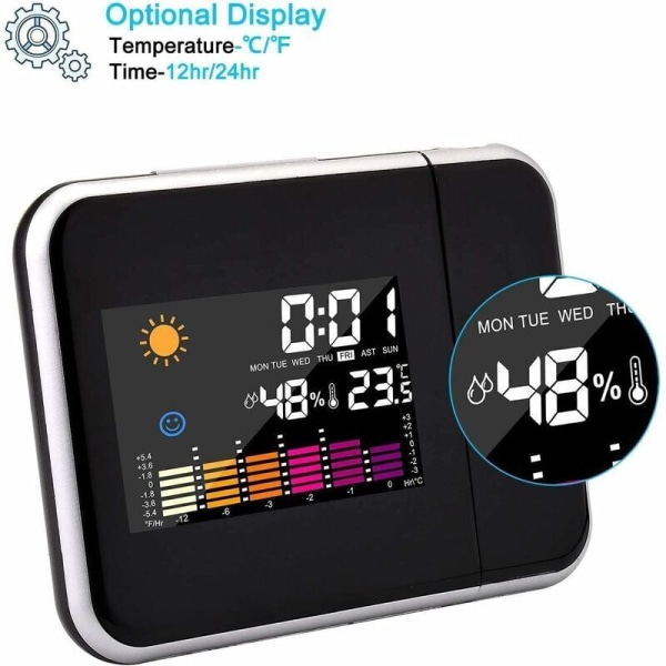 Projektorvekkerklokke, fargeskjermkalender, personlig værstasjon for soverom, dimbar projektor, doble alarmer, LCD-skjerm, dato, tid, Tempe