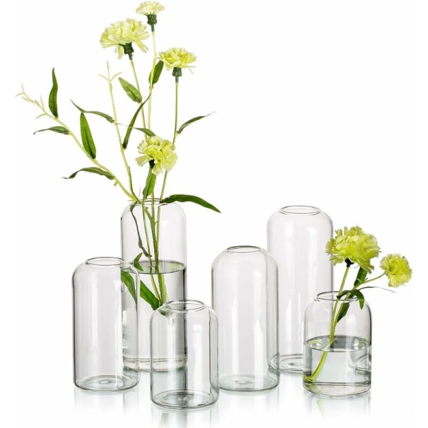 Glasknopvaser til blomster - Små moderne blæste glasvaser til centerpieces, sæt med 6, mini klare blomstervaser i bulk (blomst ikke inkluderet)