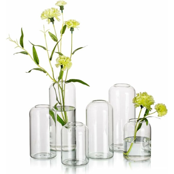 Glasvaser för blommor - Små moderna munblåsta glasvaser för mittpunkter, set om 6, miniklara blomvaser i bulk (blomma ingår ej)