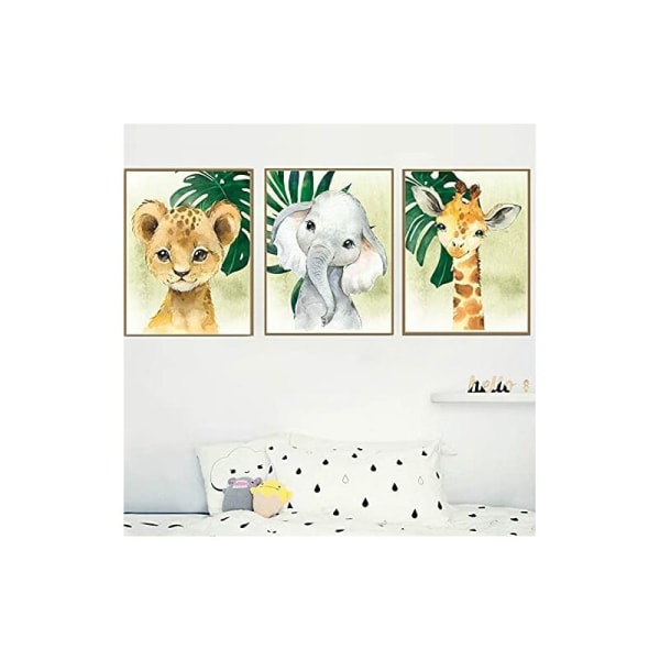 Sæt med 3 Safaridyr Plakat Jungle Giraf Løve Elefant Palme Vægmaleri 30x40 Barn Baby Dreng Pige Soveværelse Lærred Dekoration Gave（uden fr