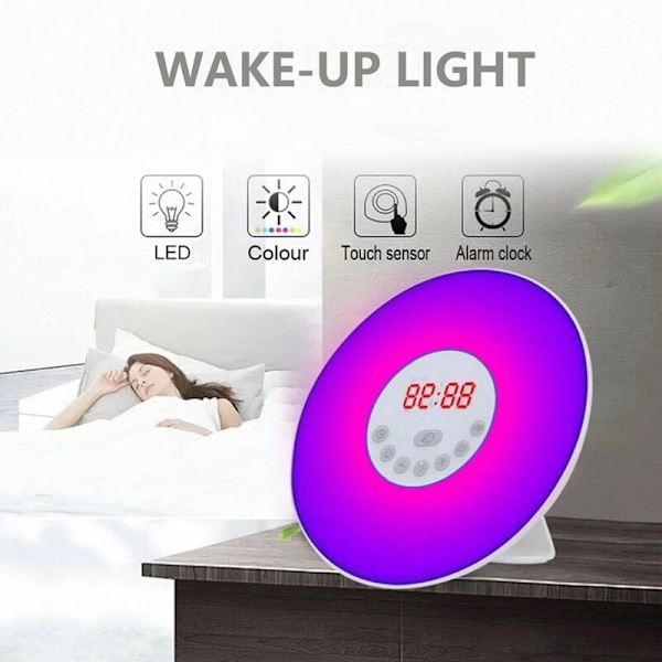 Solnedgångslarm, LED-display, Smart väckningslampa, Batteri + Strömadapter för sovrummet