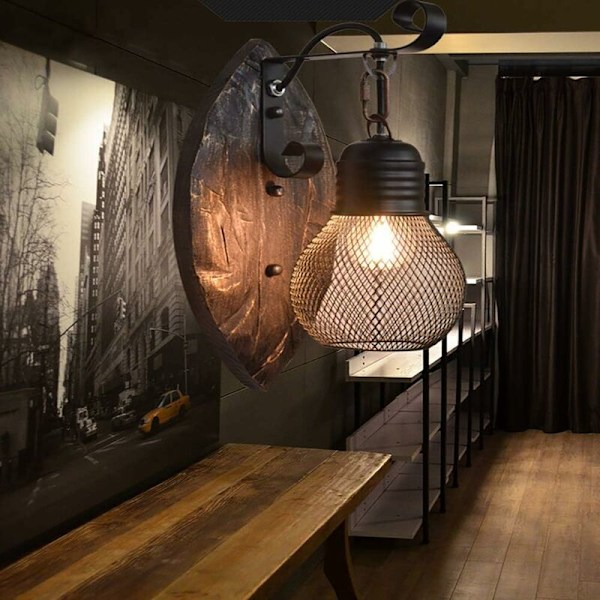 Retro LED Vægslampe Jern Sconce (Sort) Massivt Træ Sconce til Sengebord Garage Sportsplads Soveværelse Stue Ø15Cm E27 (Uden Pære)