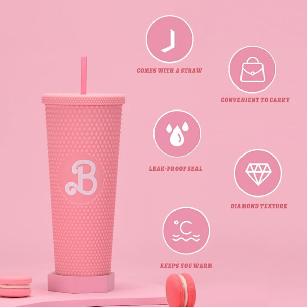 Takeaway Kaffekopp, 710ml, med Lopp og Sugerør, for Kald og Varmt Vann, for Treningssenter, Kontor, Hjem, Skole (Rosa)