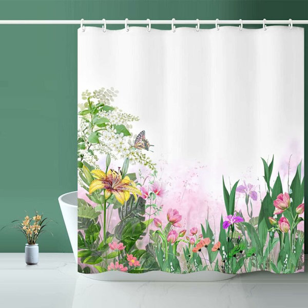 Duschdraperi, Gröna Blad Duschdraperi, Blommigt Duschdraperi - 72 Bred x 72 Lång, med 12 Krokar, Viktad Kant, Duschdraperier för Badrum