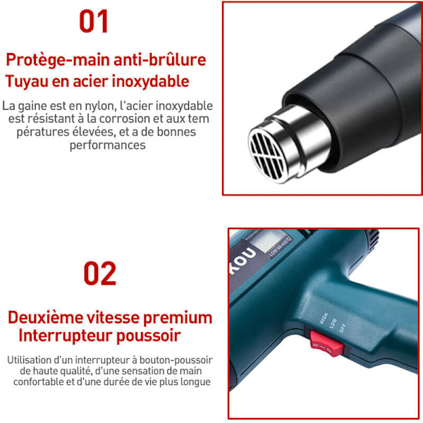 Värmepistol, Heta Luftpistol 1800W LCD Digital Display Temperatur 60 till 600 grader Celsius Snabb Uppvärmning, Luftflöde 300 till 550L / Min + 4 Munstycken