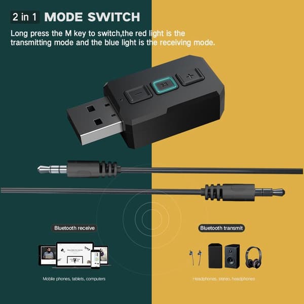 1 stk. Bluetooth 5.0 2 i 1 sender modtager USB adapter 3,5 mm AUX stereo lydadapter til bil computer TV