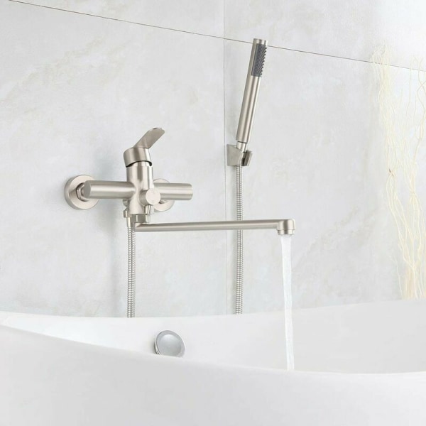 Kylpyammehana käsisuihkulla, pyöreä yksivipuinen käsisuihkuhana, seinään kiinnitettävä harjatusta ruostumattomasta teräksestä valmistettu suihkuhana kylpyhuoneeseen (Poistoaukon pituus: