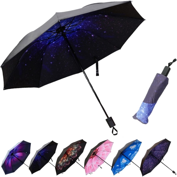 stjärnhimmelsblått vindtätt och vattentätt stickparaply, UV-skyddande golfparaply，55CM8KKompakt reseparaply