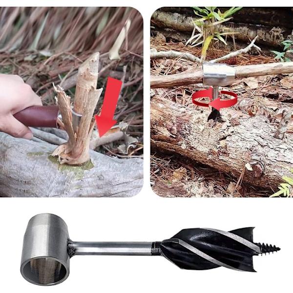 Bushcraft Handborr för Träbearbetning - Multifunktionell Vridborr med Läderfodral, Handöverlevnadsverktyg, Skiftnyckel