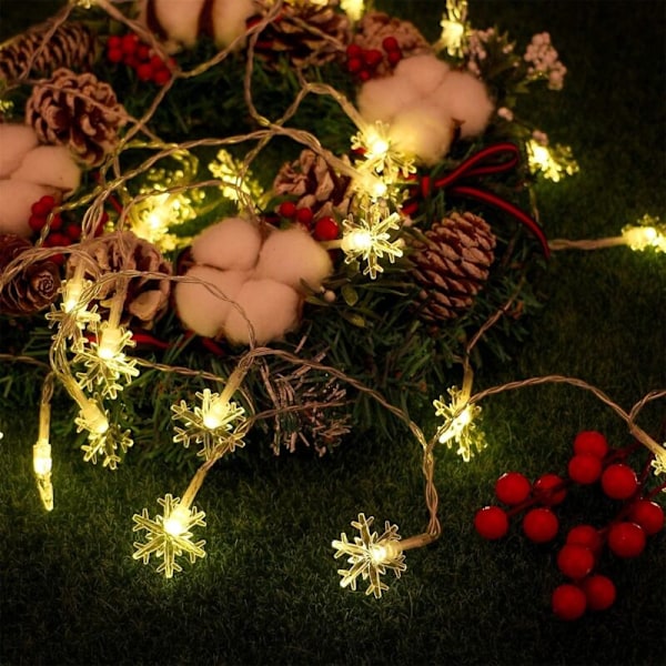 Joulukuusen lumihiutalevalot, 6 metriä 40 LED-lumihiutalevaloa, paristokäyttöiset, joulukoristeet, puutarha, makuuhuone, juhlat, lämmin valkoinen