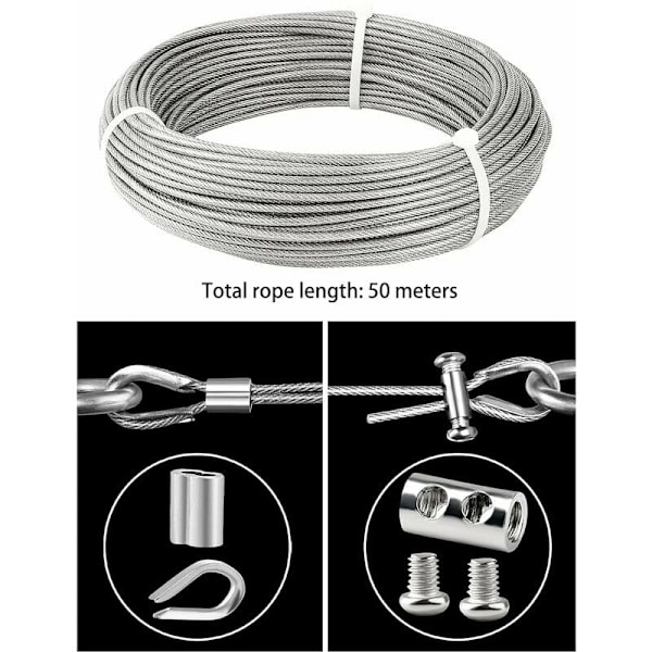 3mm Stålvaier, 50M/3mm Ståltau, Belegget Stålvaier med Vaierbindere, M3 Hylsene, Stålbeslag, 3mm Vaier for Cl