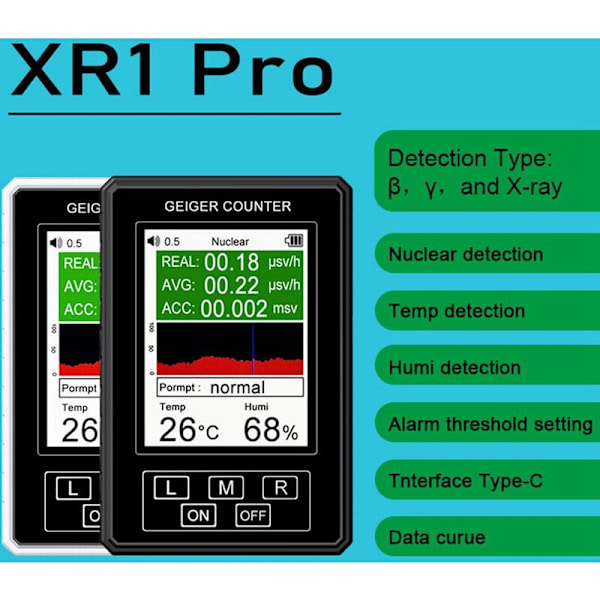 Ny XR1-Pro Atomstråling Detektor Geiger Tæller X γ β Stråle Radioaktiv Tester Thermohygrometer EMF Meter Sort