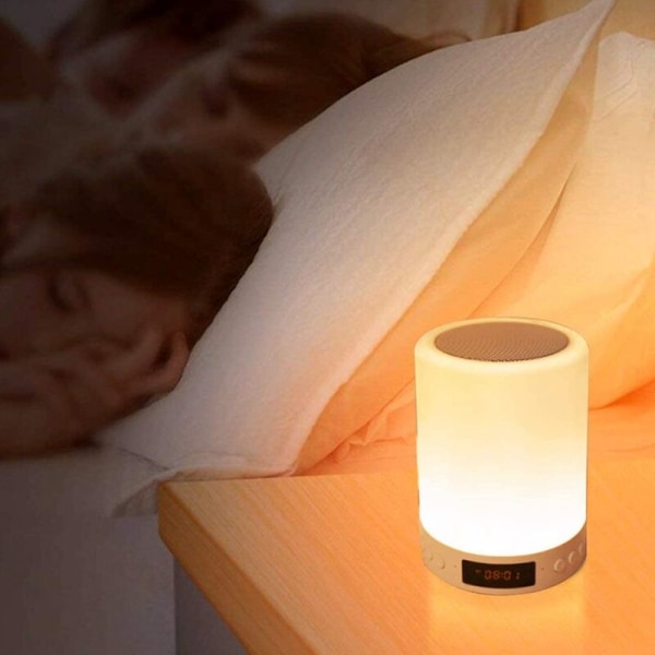 Bluetooth-højttalerlampe, smart LED-nattelys med vækkeur, nattelys med 3 dæmpbare berøringstilstande og 7 farver