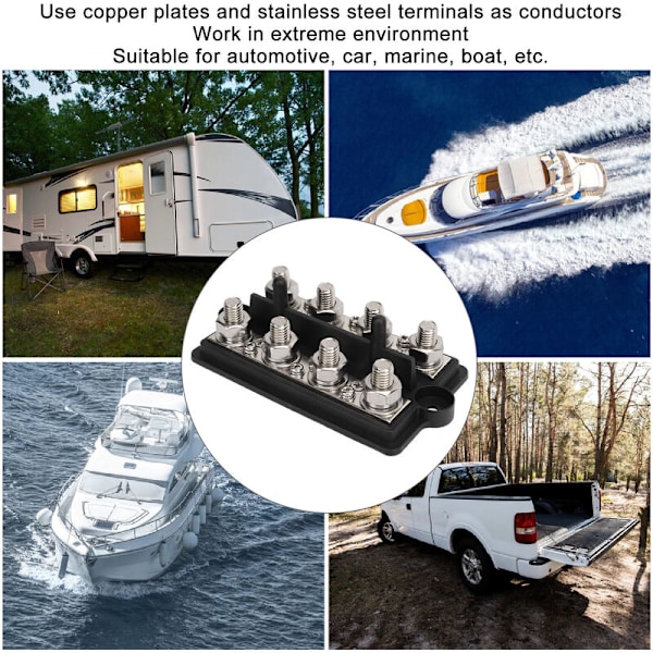 Busbar til Marine RV Batteri Terminal Strømfordelingsblok 2 Rækker M8 Stud DC12-48V 150A Sort