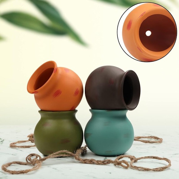 Keramiska Hängande Planterare (4-pack) - Hängande Kruka för Inomhusväxter - Flerfärgad Hängande Vas med Juterop - Perfekt för Inomhus & Utomhus, Heminredning, Rabatt