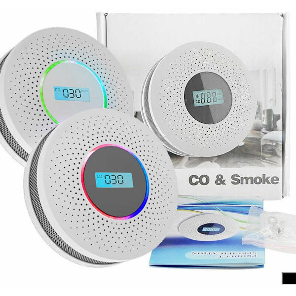 Rök- och kolmonoxiddetektor 10 år, med LCD-display och testknapp