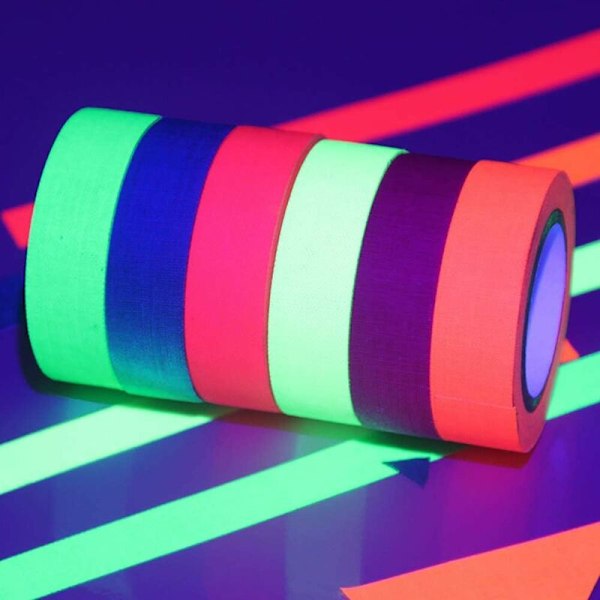 Neon Tape, Lysende Fluorescerende Tape 6 Farver Klæbende Gaffer Tape UV Sortlys Reaktiv Neon Tape (6 stk)