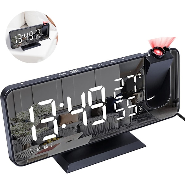 Projektionsväckarklocka för sovrumstak, digital väckarklocka med radio och USB-laddningsportar, LED-skärm, 4 dimmer, dubbel väckarklocka med
