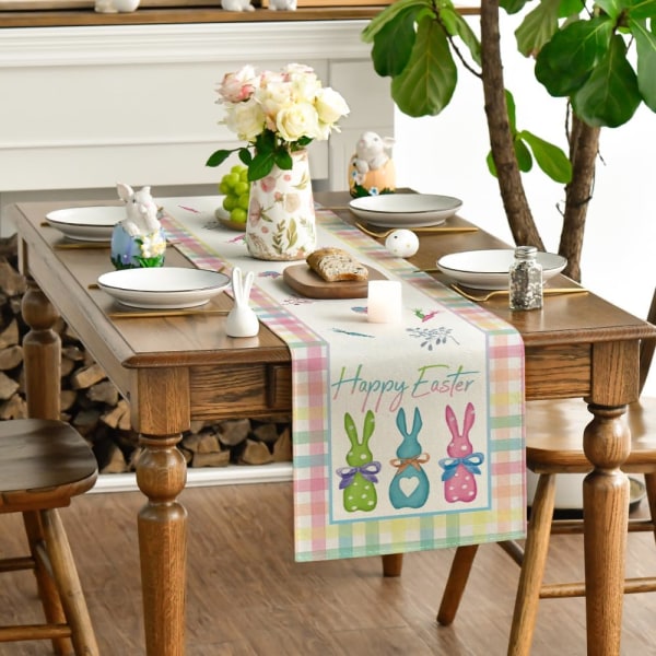 Grön blå rosa buffel pläd kanin glad påsk duk, vårens köksbord dekoration för hem fest dekoration 13x72 tum