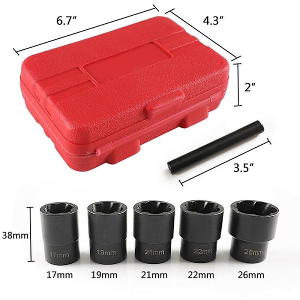 6 stk 1/2 tommers Twist Sokkel 5 Skadet Slitte Lug Nut Lock Fjerner Sett