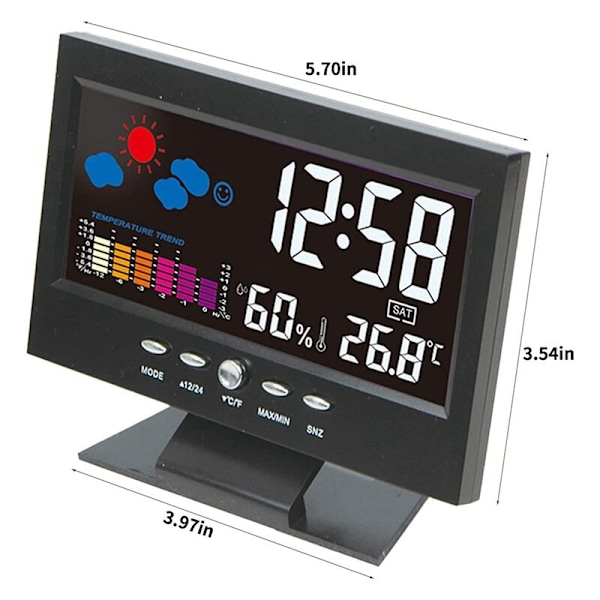 Temperatur- og fuktighetsfargeskjerm skrivebordsur, værprognoser Ikke-LCD bakgrunnsbelyst vekkerklokke lyd