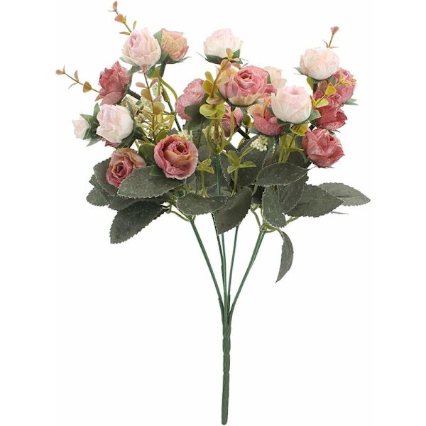Kunstig Buket med Kunstige Roser, 7 Stilke, 21 Blomster, Silkeblomster, Ideel til Dekoration 2 Stykker Kaffe Rose