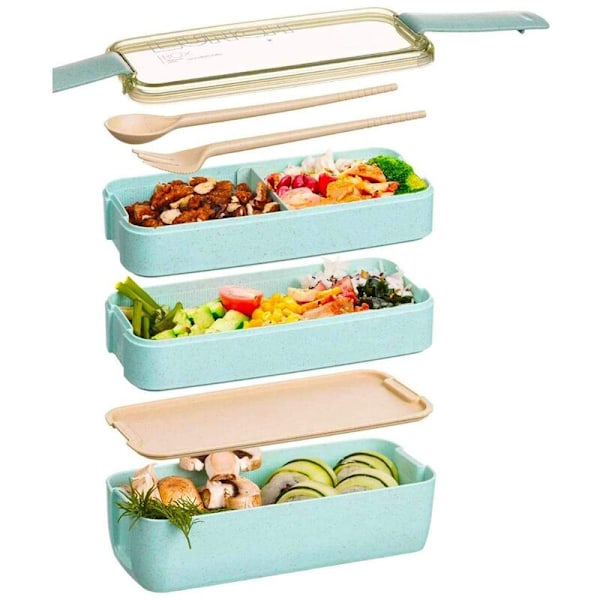 Japansk Madpakke Bento Box, 3 i 1 Rum, Hvedehalm, Miljøvenlig Bento Box Madlavningsbeholdere Beige