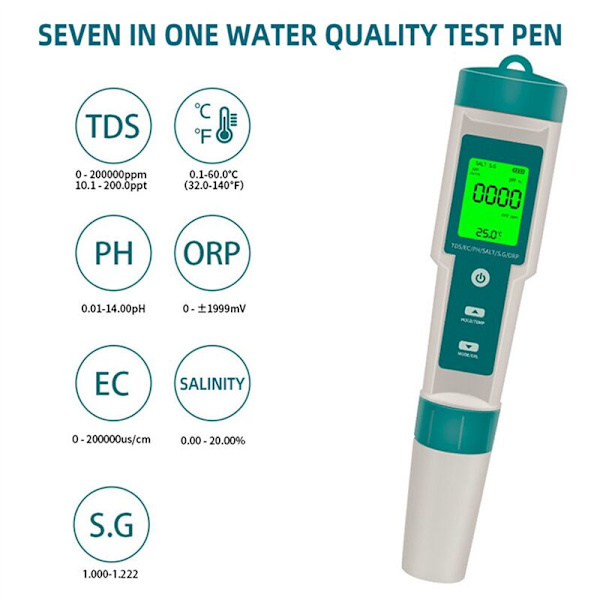 7 i 1 PH/TDS/EC/ORP/Salinitet/SG/Temperatur Kvalitetstester C-600 for Drikking, PH-måler for Akvarier