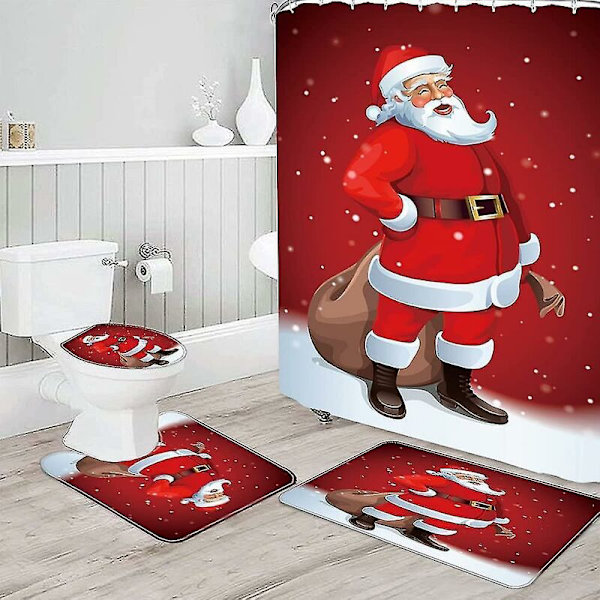 4 st juldekorationer för badrum, toalettstolsskydd, matta, duschdraperiuppsättningar, jultomte, älg, snögubbe, badrumsdekor
