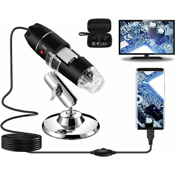 USB-digitaalinen mikroskooppi 40X - 1000X 8 LED-valolla, suurennosendoskooppikamera kantolaukulla ja metallitelineellä, yhteensopiva Androidin, Windows 7, 8, 10 kanssa