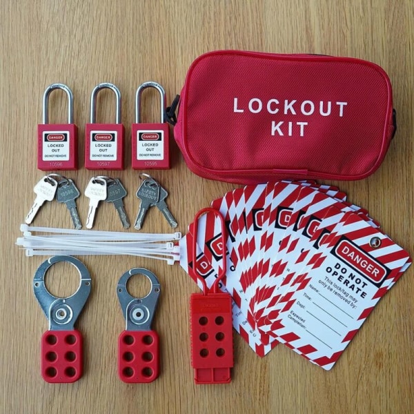 Låsetikett-kit - Låsetikett, Nylonförvaringsväska, Röd Säkerhet, Låsetikettlås (Rött kit)