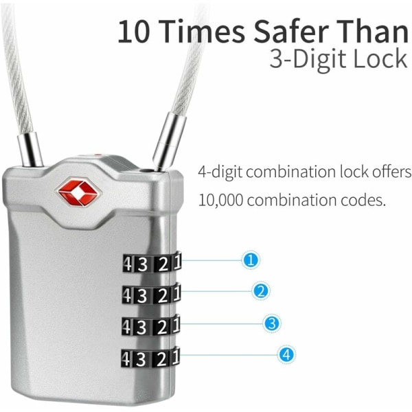 4-cifret kode bagagelås til rejsekuffert College skabslås med åben bagagealarmfunktion og stålkabel (sølv) - 1 stk -