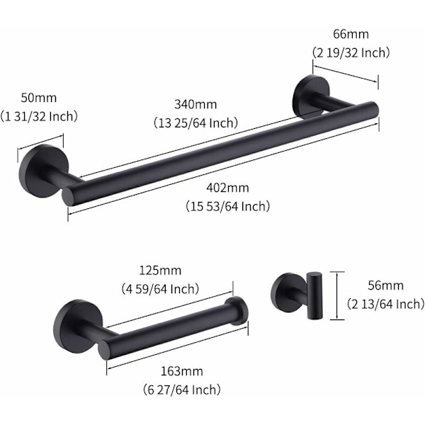 by Amazon Sort af Badeværelsestilbehør i Sort 3 Dele Håndklædeholder Toiletpapirholder Frakkeholder Væghængt 304 Rustfrit Stål Mat Sort, LA20BKDG-32-DENU