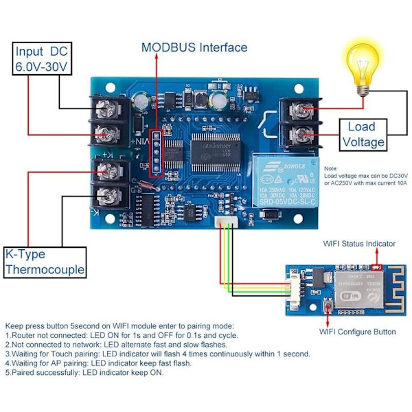 12V DC Digital Temperaturregulator, WiFi APP Kontrol Højtemperatur Kontrolmodul -99 Celsius-999 Celsius 24V
