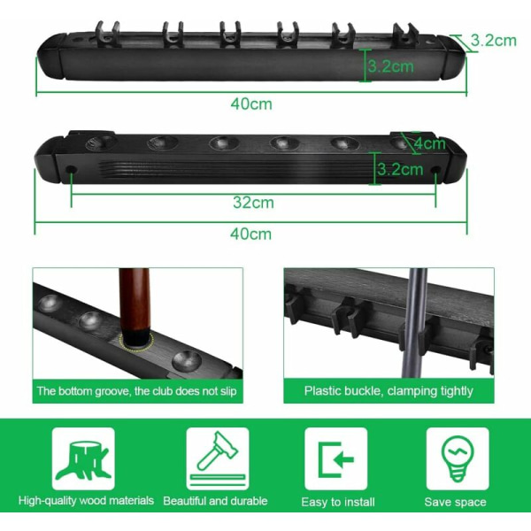 Trestativ i tre for biljardkøer i tre, veggmontert biljardkøestativ med 4 skruer og 4 ekspansjonsskruer, svart biljardkøestativ for klubb, biljardsal