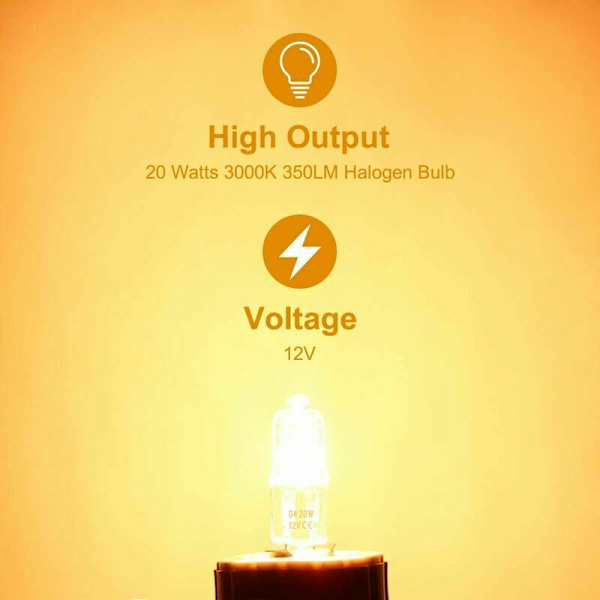 10 kpl G4 halogeeni lamppuja, 12V ja 20W. Nämä lamput säteilevät 3000K lämpimän valkoista valoa, kirkkaus 350 lumenia. Ne ovat himmennettäviä ja niillä on pitkä