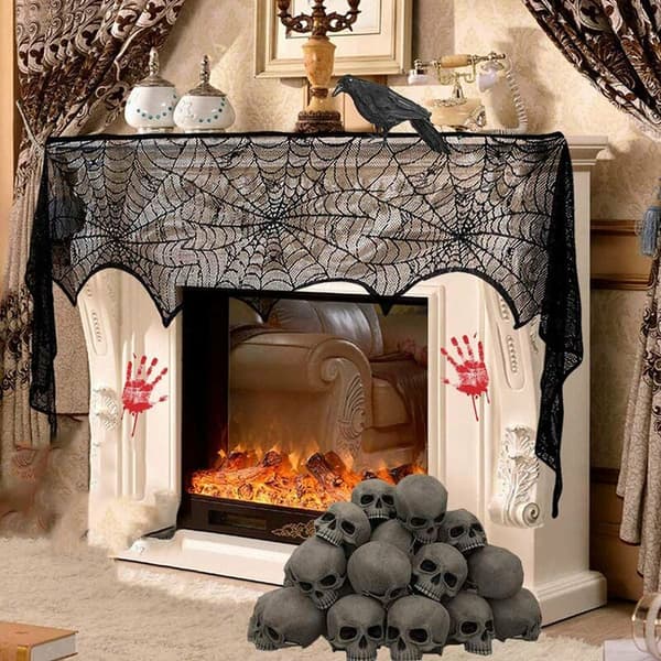 Halloween Rektangulær Blonde Edderkop Web Dug og Blonde Edderkop Web Pejs Mantel Sjal til Halloween Middage 2 Styk Sæt