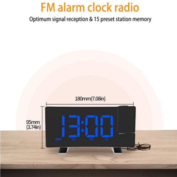 Projektorvekkerklokke, digital radiovekkerklokke med USB-lader, 0-100 % fullstendig lysstyrkedimmer, dobbel vekkerklokke for tunge sovende, slumre,