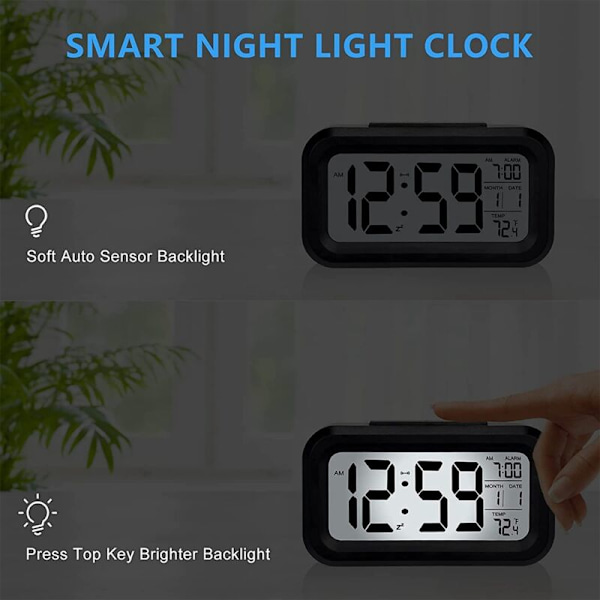 Digital väckarklocka, batteridriven väckarklocka, plus nattlampa snooze datum 12/24H inomhustemperatur (svart)