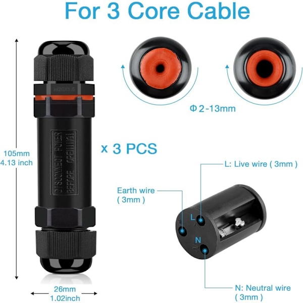 Vedenpitävät kaapeliliittimet, IP68 Ulkokäyttöön sopiva vedenpitävä liitäntälaatikko, Vedenpitävä sähköliitäntäsetti 3 kpl, 3-johtiminen vedenpitävä sähköliitin