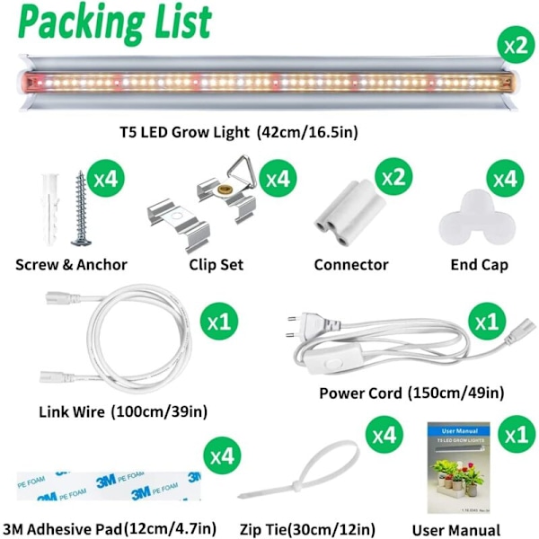 4 kpl T5 Kasvilamppua, Täyspektrinen 42 cm LED Kasvuvalot, Kasvien Kasvuvalaisin Heijastimella/Daisy Chain -suunnittelulla Taimille, Kasvutelineille