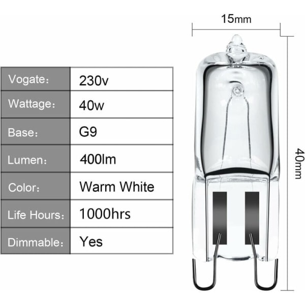 G9 Halogen Ovn Pære 40W 230V, G9 Ovn Pære, Mikrobølgeovn Pære, 300°C Tolerance Pære, Pakke med 4--