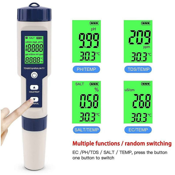 5-in-1 elektroninen pH-mittari, mittaa pH:n, TDS:n, EC:n, suolapitoisuuden ja lämpötilan vedenlaaduntestaaja, LCD-näyttö ja lukematarkkuus, juomavedelle