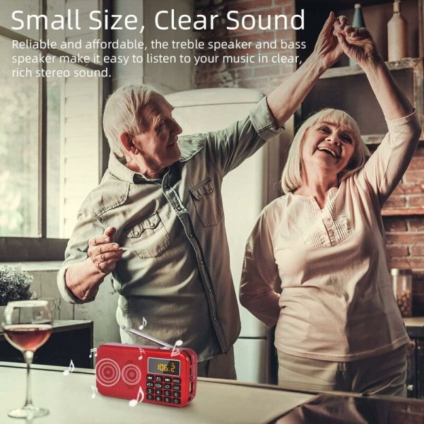 Bärbar radio, FM-radio med stor kapacitet uppladdningsbart batteri (3000mAh), stödjer MP3/SD/USB/AUX, röd