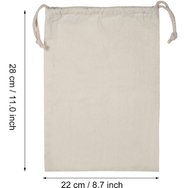 22x28CM Hvit Bomullspose med Trekkstreng for Oppbevaring, Vask og Reise