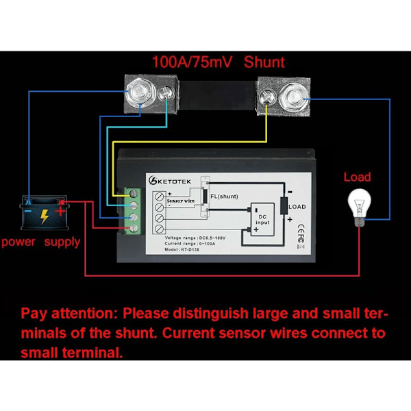 Digital Panel Voltmeter Amperemeter Shunt 100A DC 6,5-100V, Strømspændingstester Elektrisk Effekt Energimåler Volt Amp Watt Meter LCD Display Sol Aut