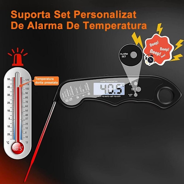 Professionell Mattermometer, 1 Sekunds Avläsning, 2 Rostfria Sondar, 1 Grads Noggrannhet, Alarm, Magnetisk, Timerfunktion, Svart